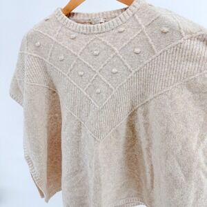 LOFT Women's Cream Knit Poncho Sweater M/L Short Sleeve Pullover Textured
